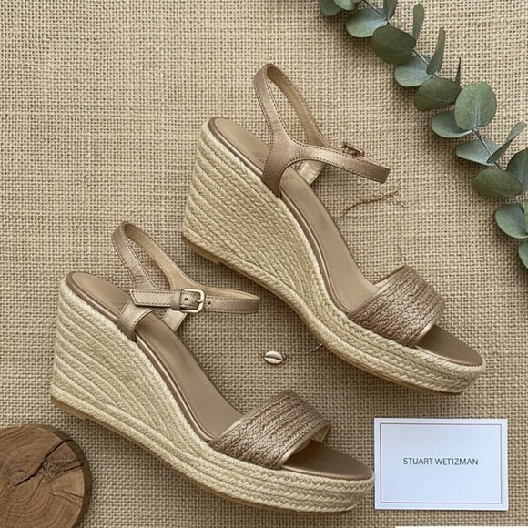 Austin Nights, Stuart Weitzman Metallic Raffia Flatty Wedges sz 8 - Picture 1 of 10